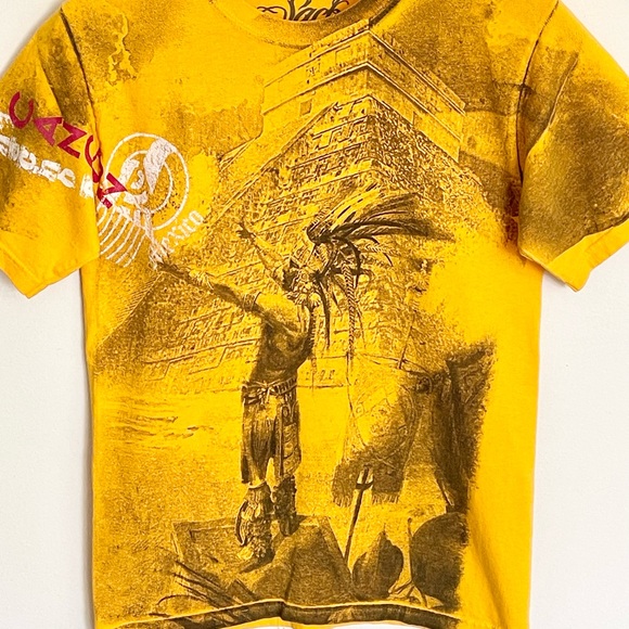 Vintage Y2K Sacbe Chichen Itza Mayan Shaman All Over Yellow T Shirt Adult S - Picture 3 of 10